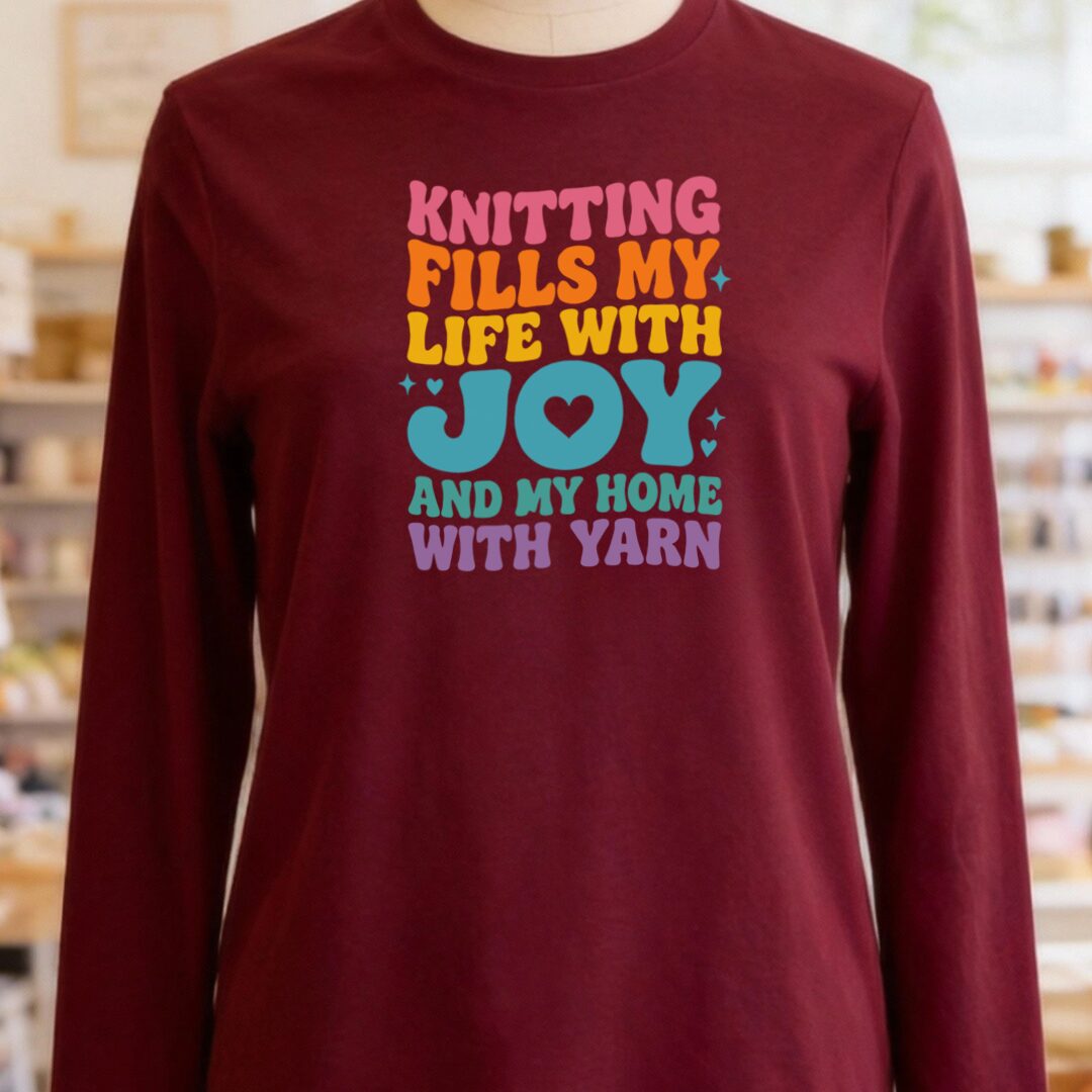 Knitting Fills My Life Retro Long Sleeve Tee Maroon t-shirt