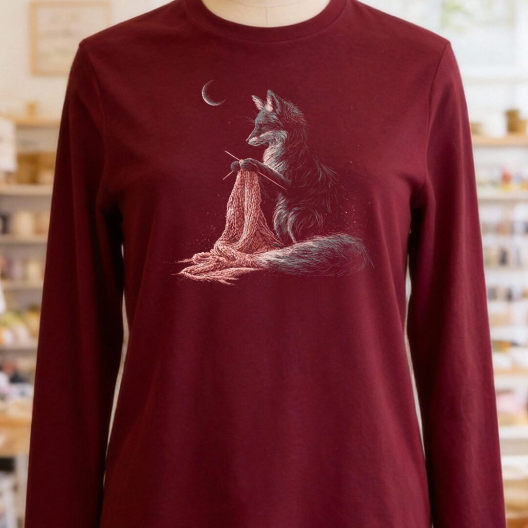 Knitting Fox Maroon Long Sleeve Tee.jpg