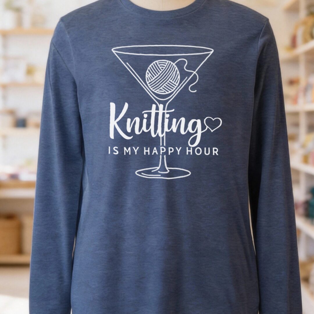 Knitting Happy Hour Long Sleeve Tee Heather Navy t-shirt