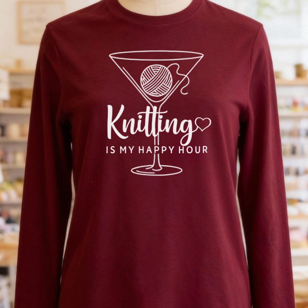 Knitting Happy Hour Long Sleeve Tee Maroon t-shirt
