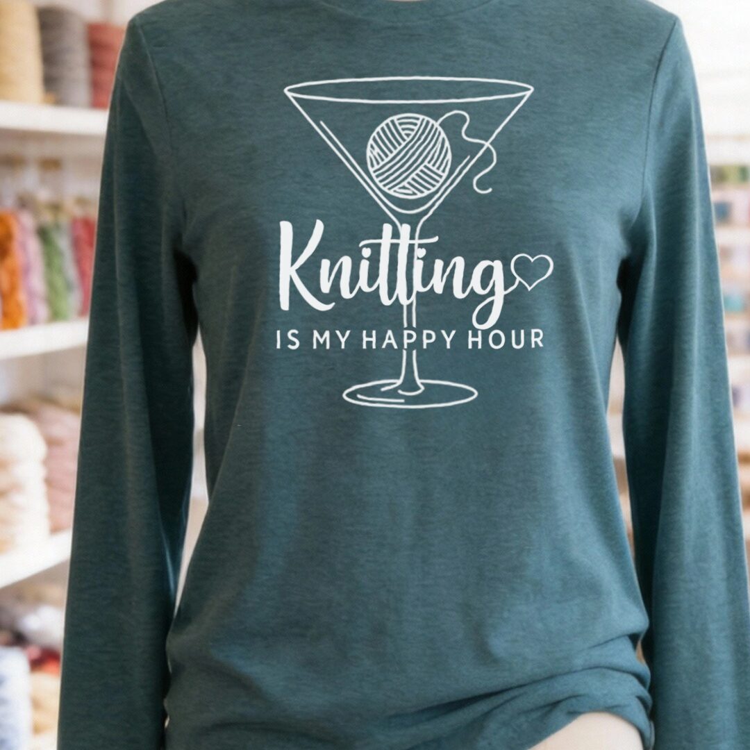 Knitting Happy Hour Long Sleeve Tee Heather Deep Teal t-shirt