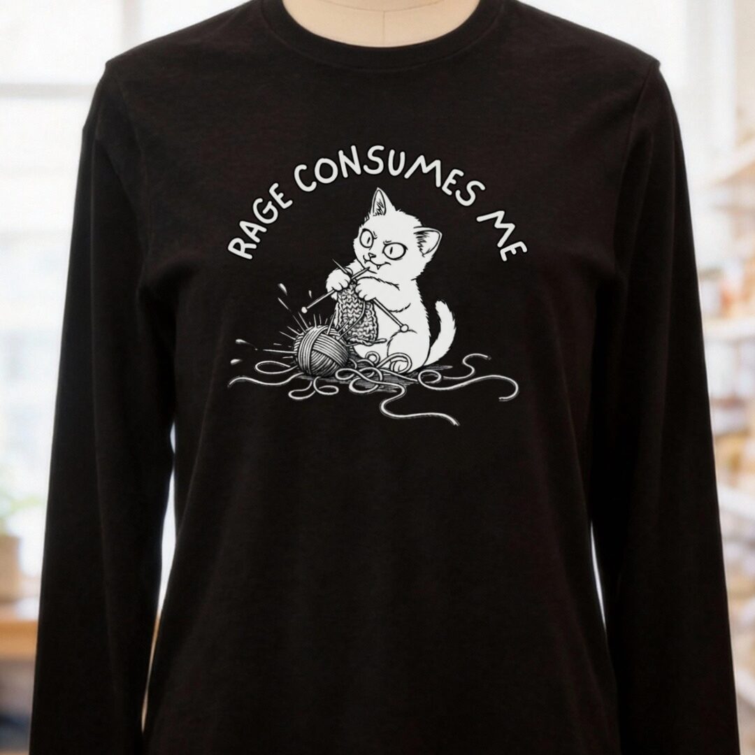 Knitting Rage Consumes Me Long Sleeve Tee Black Heather t-shirt