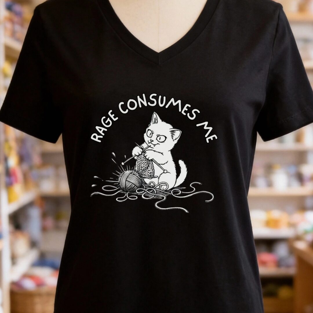 Knitting Rage Consumes Me V-Neck T-Shirt Black t-shirt