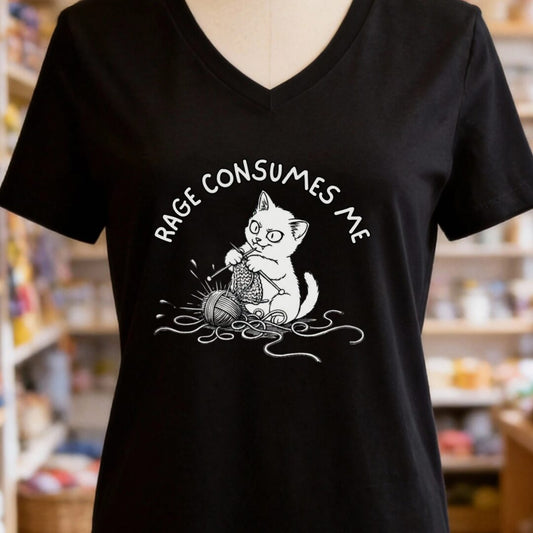 Knitting Rage Consumes Me V-Neck T-Shirt Black t-shirt