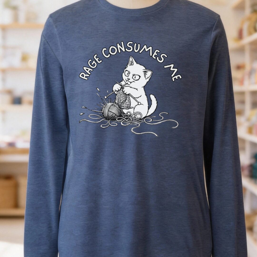 Knitting Rage Consumes Me Long Sleeve Tee Heather Navy t-shirt