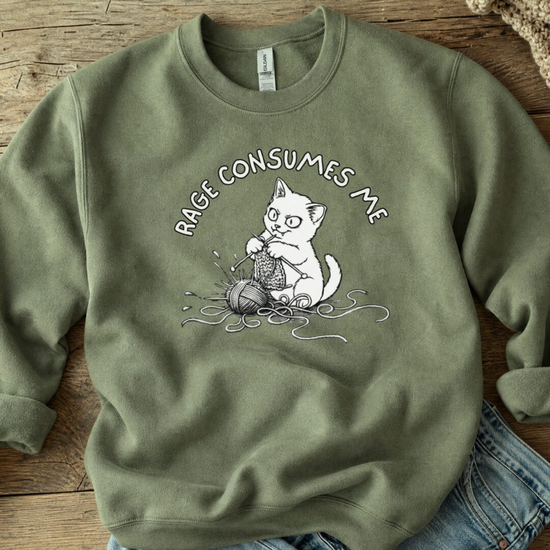 Knitting Rage Consumes Me Sweatshirt Military Green t-shirt