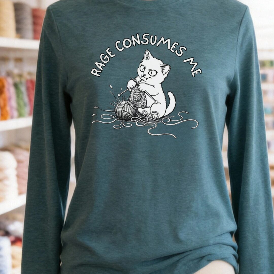 Knitting Rage Consumes Me Long Sleeve Tee Heather Deep Teal t-shirt