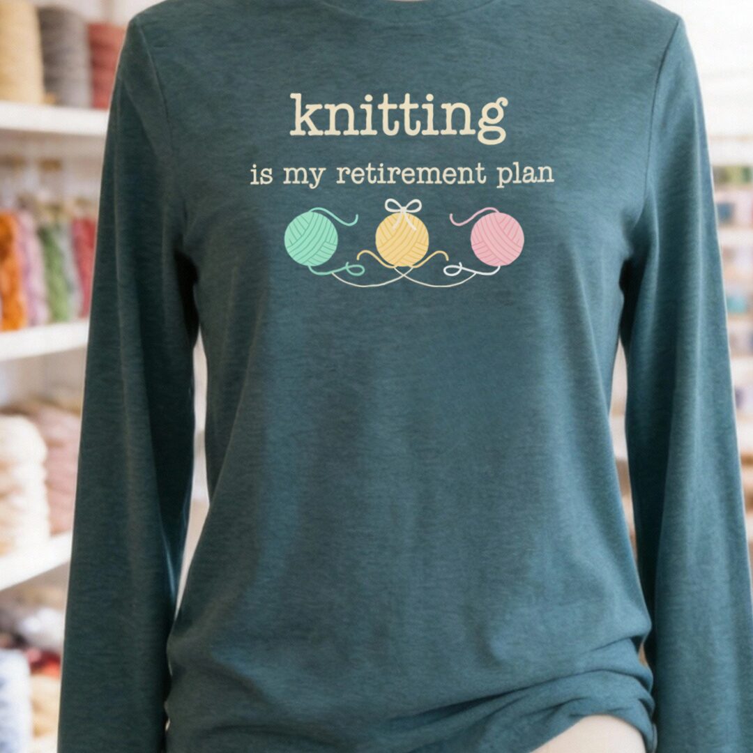 Knitting Retirement Plan Long Sleeve Tee Heather Deep Teal t-shirt