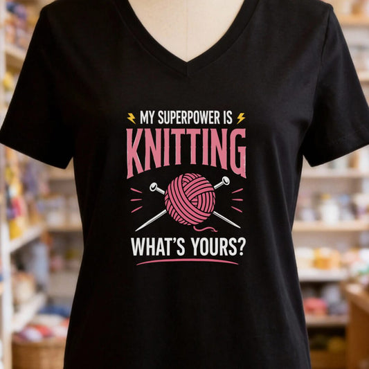 Knitting Superpower V-Neck T-Shirt Black t-shirt