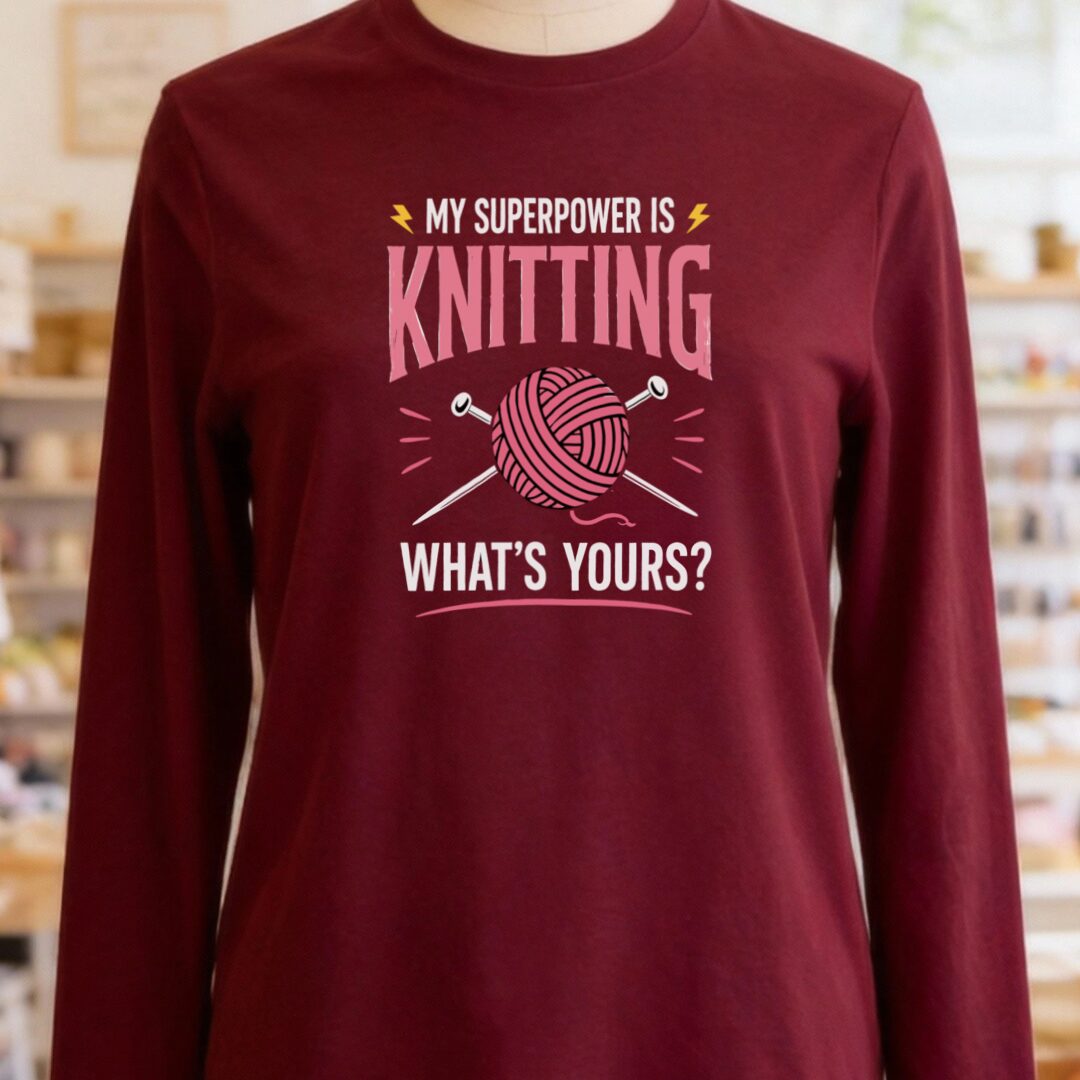 Knitting Superpower Long Sleeve Tee Maroon t-shirt