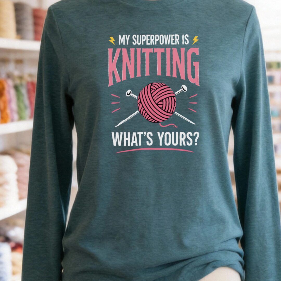 Knitting Superpower Long Sleeve Tee Teal Blue t-shirt