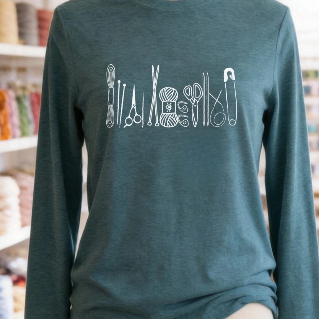 Knitting Tools Long Sleeve Tee Teal Blue t-shirt