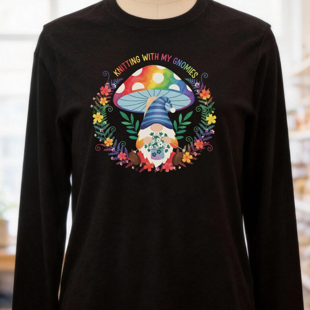 Knitting With My Gnomies Long Sleeve Tee Black t-shirt