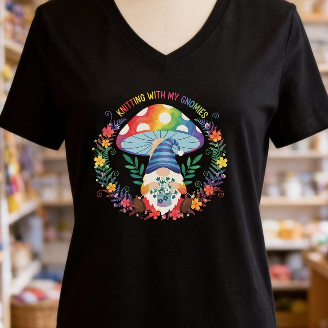Knitting With My Gnomies V-Neck T-Shirt Black t-shirt