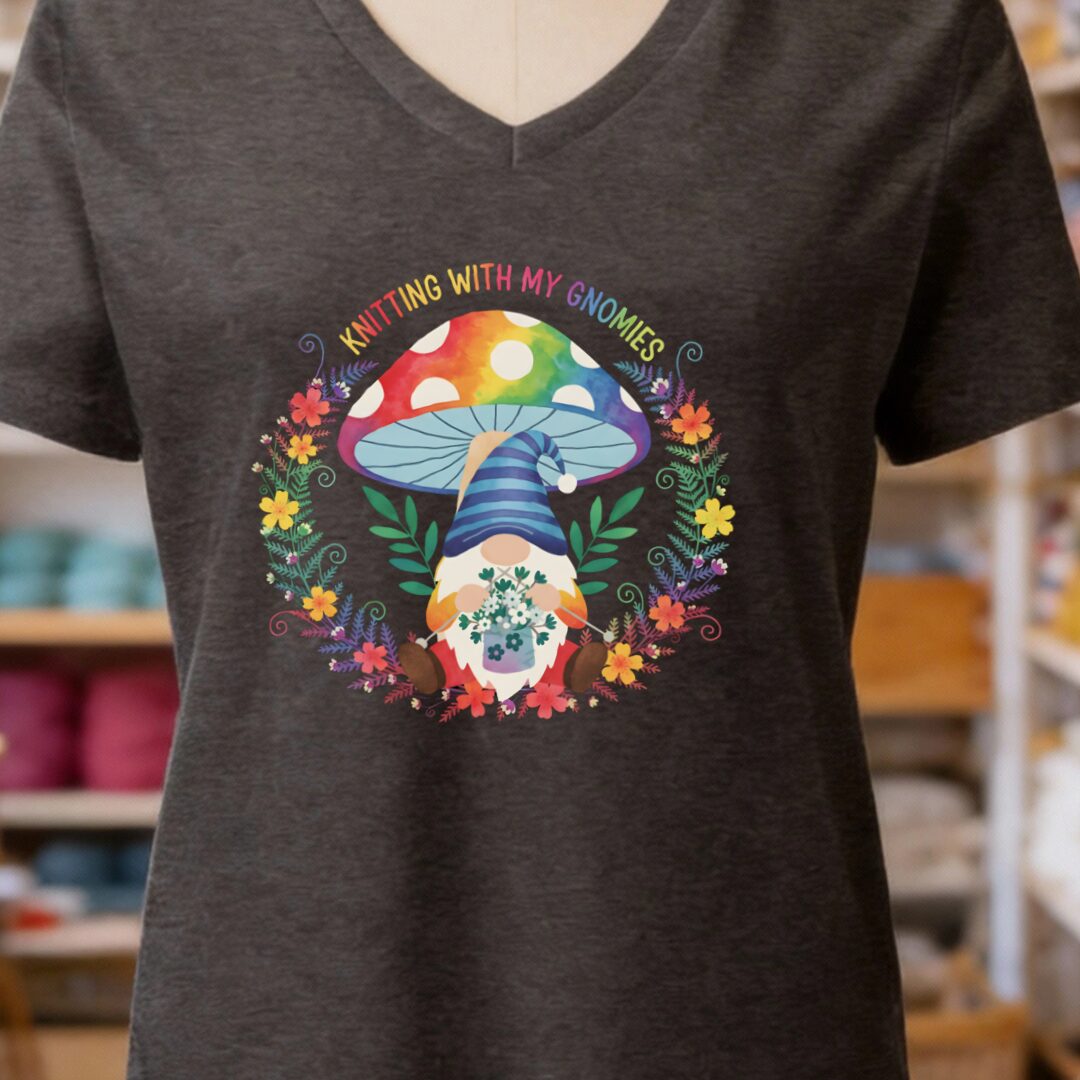Knitting With My Gnomies V-Neck T-Shirt Dark Grey t-shirt