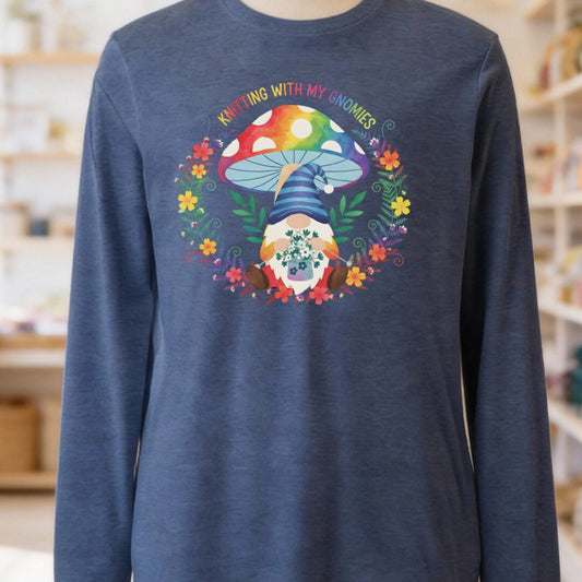 Knitting With My Gnomies Long Sleeve Tee Navy t-shirt