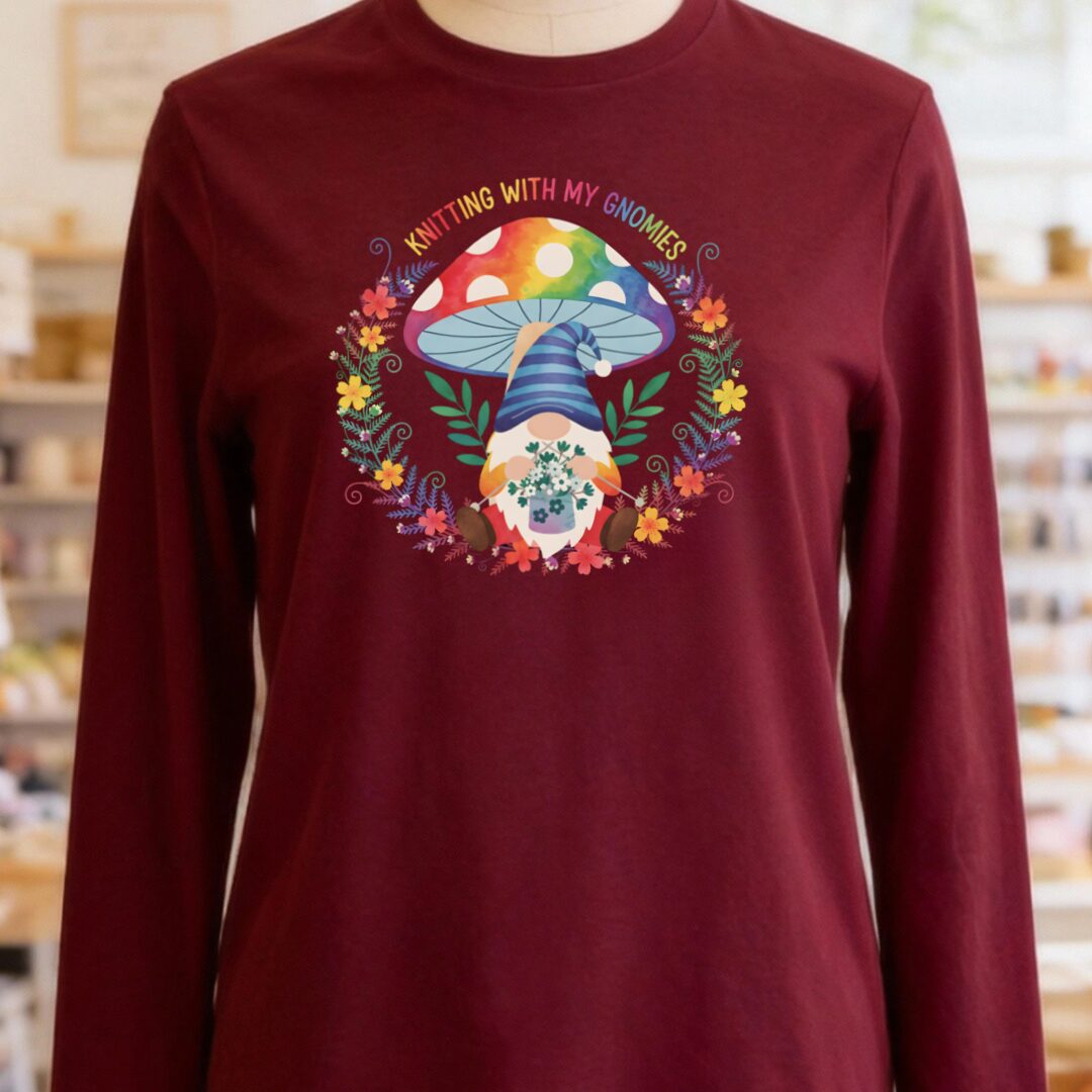 Knitting With My Gnomies Long Sleeve Tee Maroon t-shirt