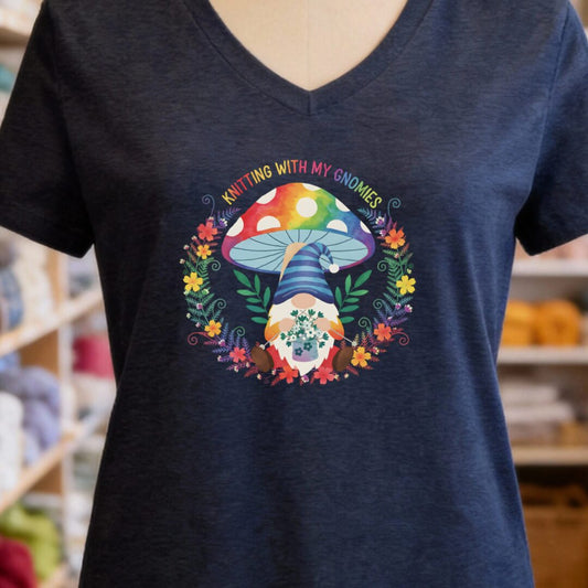 Knitting With My Gnomies V-Neck T-Shirt Navy t-shirt