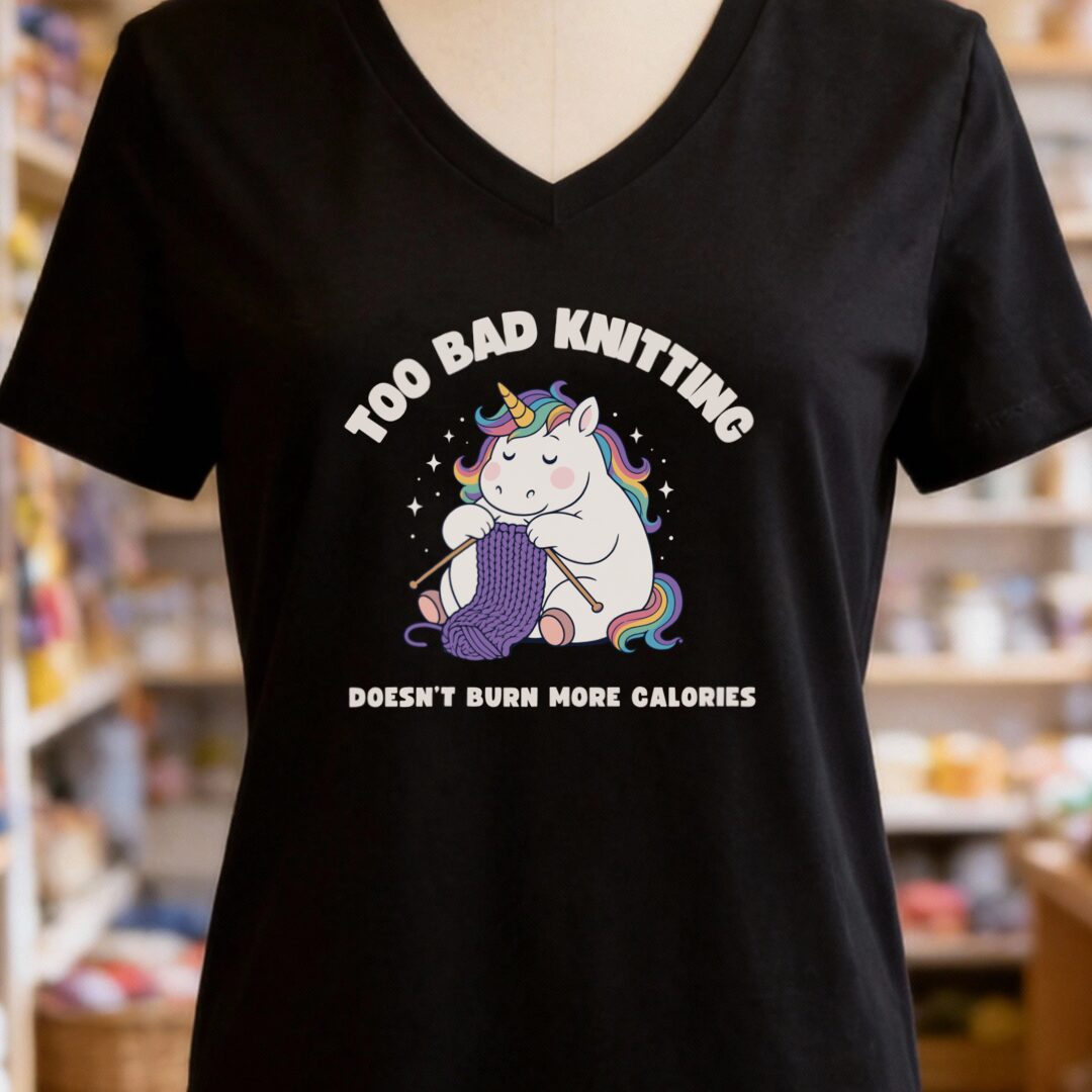 Knitting and Calories V-Neck T-Shirt Black t-shirt