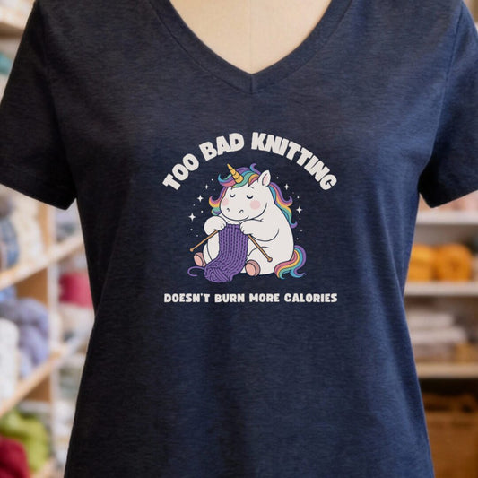 Knitting and Calories V-Neck T-Shirt Navy t-shirt