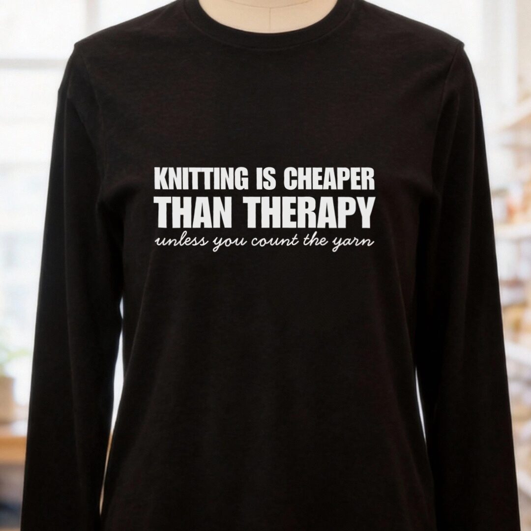 Knitting is Cheaper Long Sleeve Tee Black Heather t-shirt