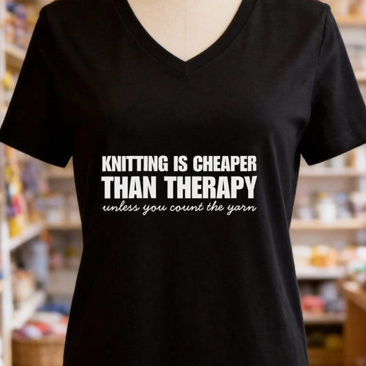 Knitting is Cheaper V-Neck T-Shirt Black t-shirt