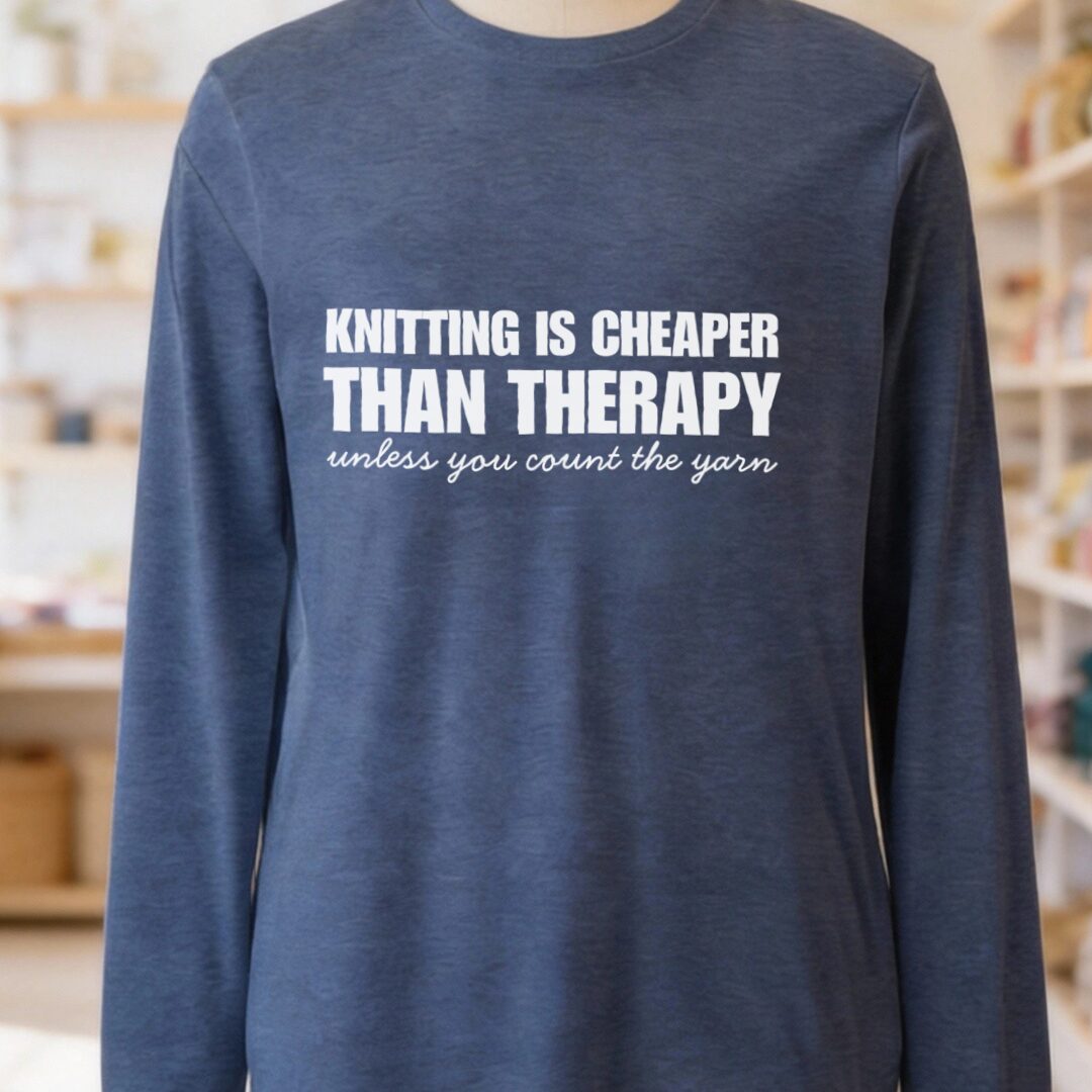 Knitting is Cheaper Long Sleeve Tee Navy t-shirt