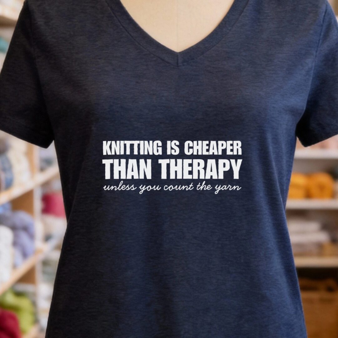 Knitting is Cheaper V-Neck T-Shirt Navy t-shirt