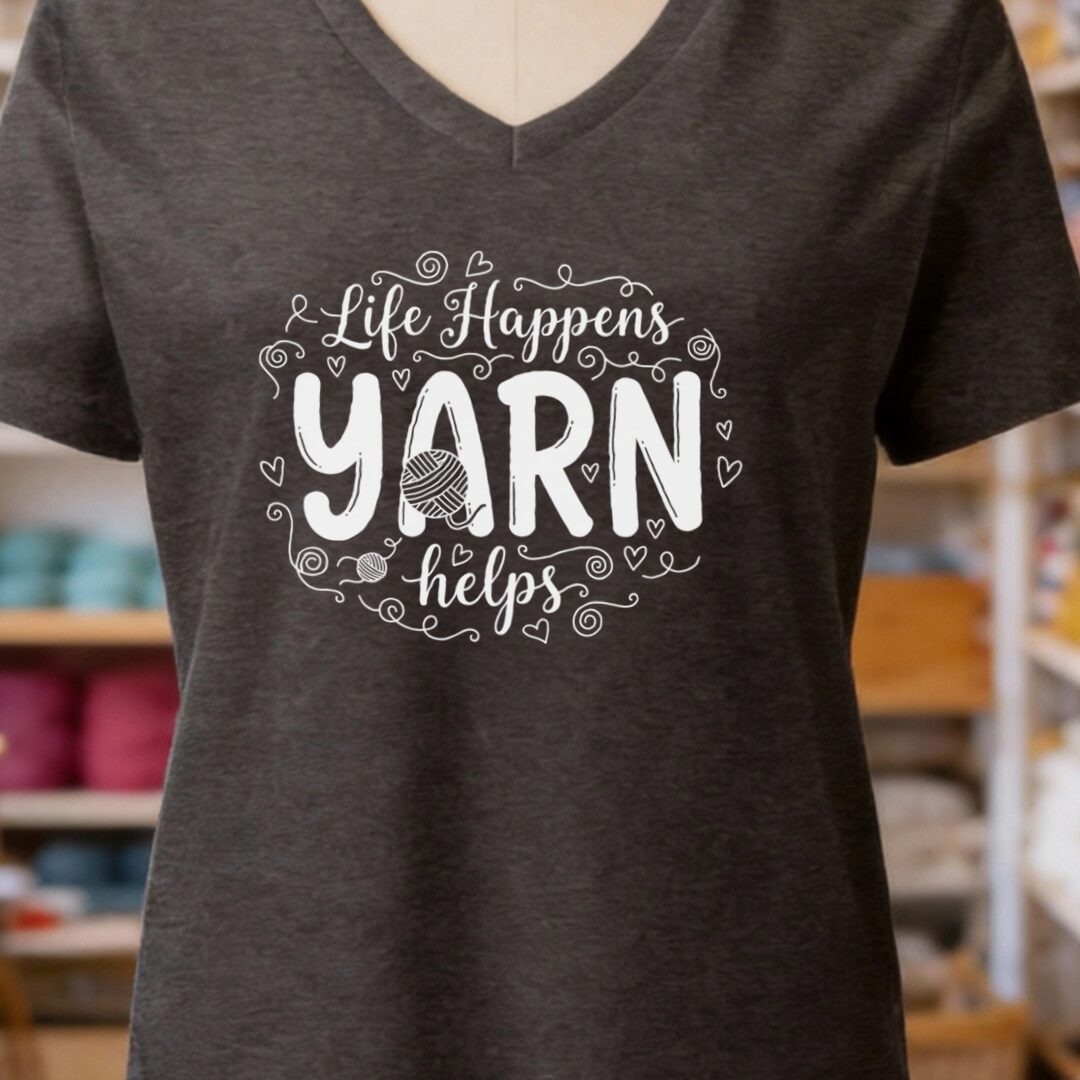 Life Happens, Yarn Helps V-Neck T-Shirt Dark Grey t-shirt