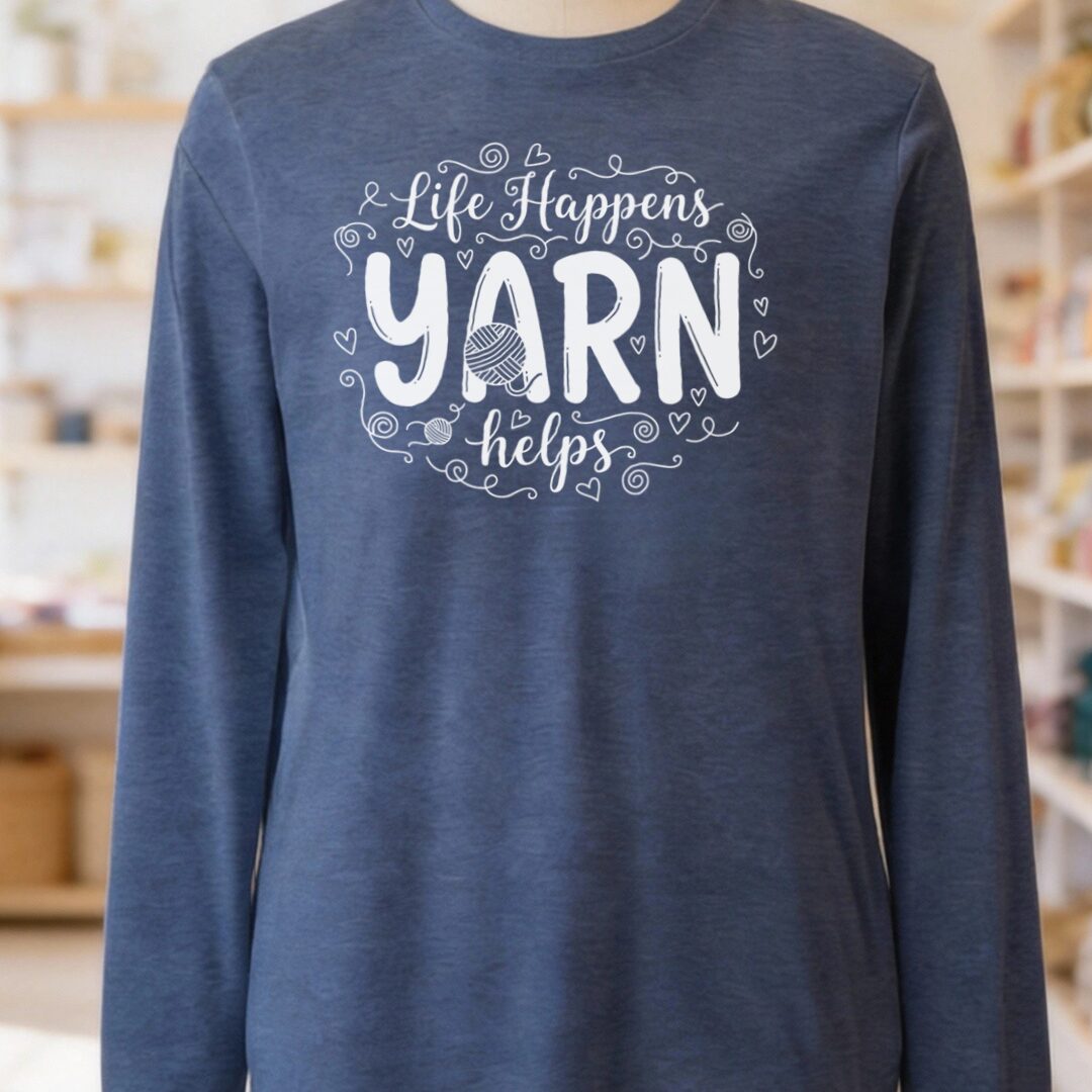 Life Happens, Yarn Helps Long Sleeve Tee Navy t-shirt