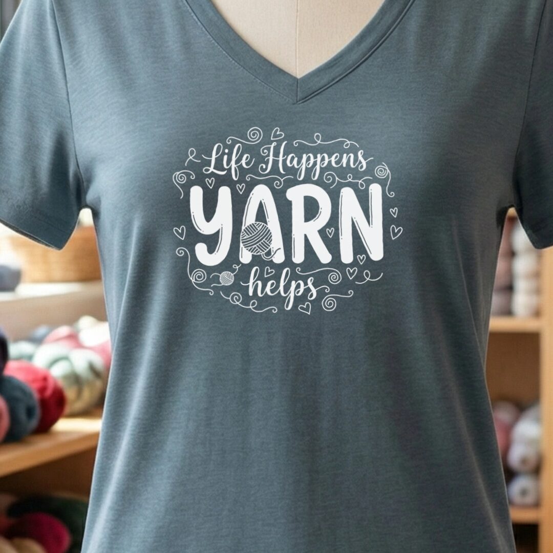 Life Happens, Yarn Helps V-Neck T-Shirt Slate t-shirt
