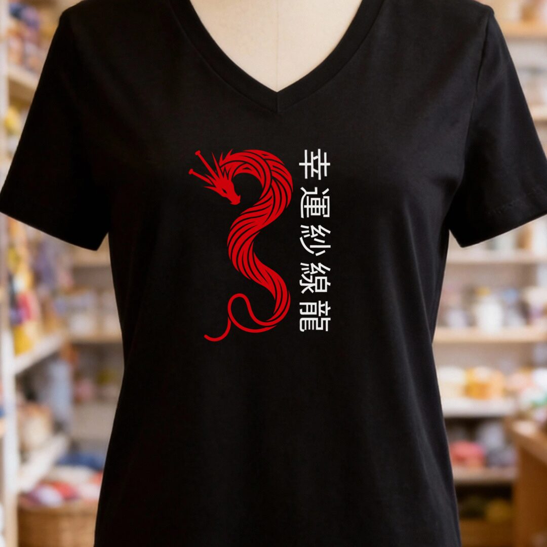 Lucky Yarn Dragon V-Neck T-Shirt Black t-shirt