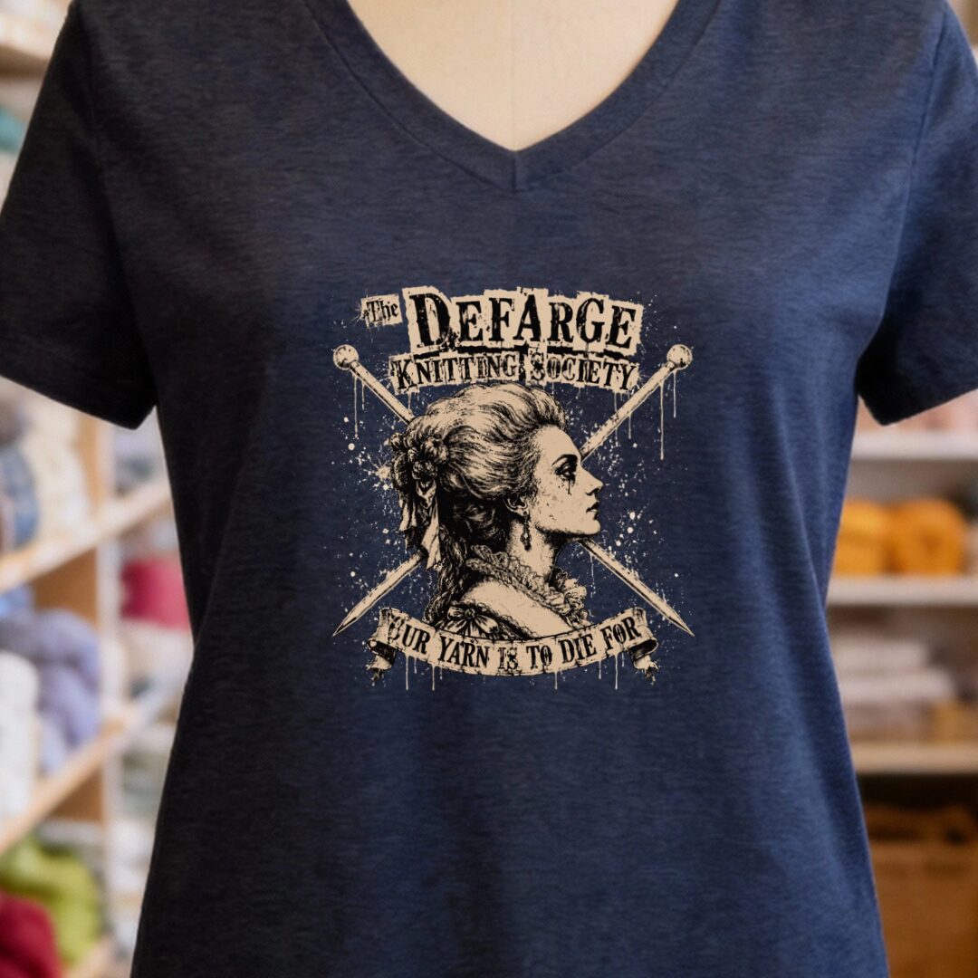 Madame Defarge Society V-Neck T-Shirt Navy t-shirt