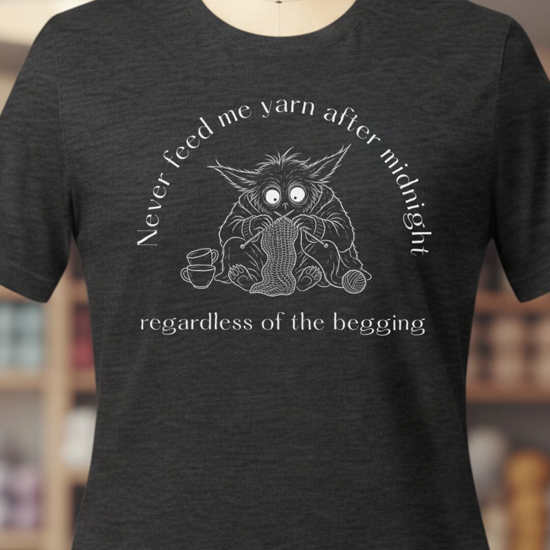 Midnight Yarn Gremlin Dark Grey T-Shirt.jpg