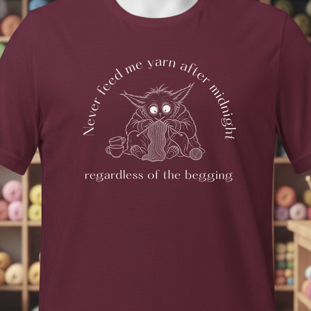 Midnight Yarn Gremlin Maroon T-Shirt.jpg