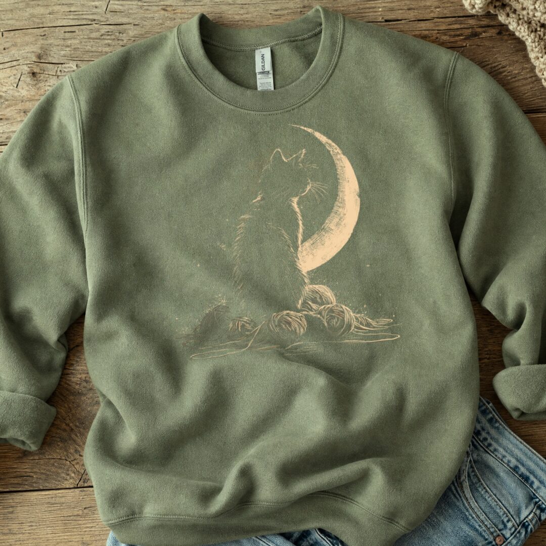 Moonlit Cat Military Green Sweatshirt.jpg