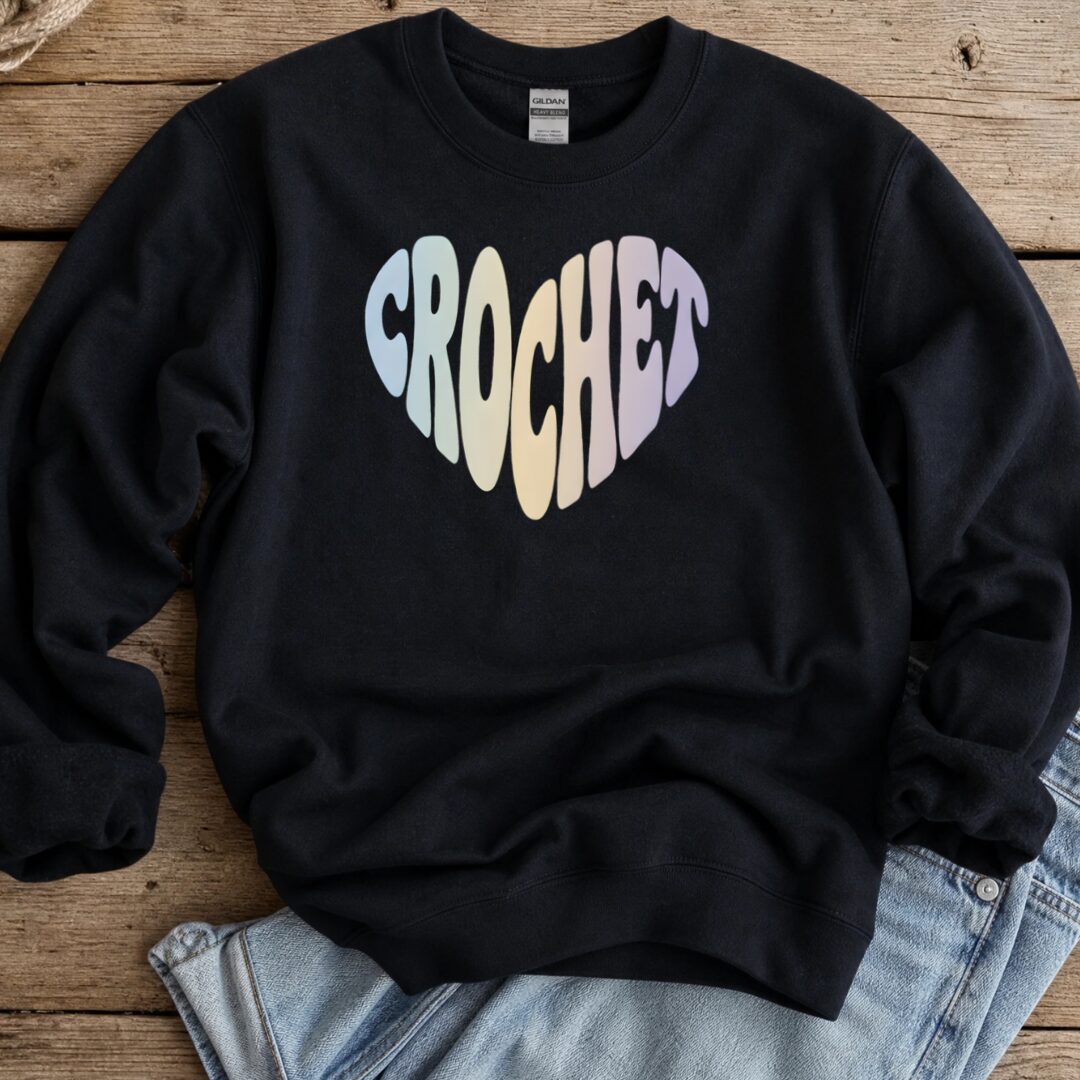 Pastel Crochet Heart Sweatshirt Black t-shirt