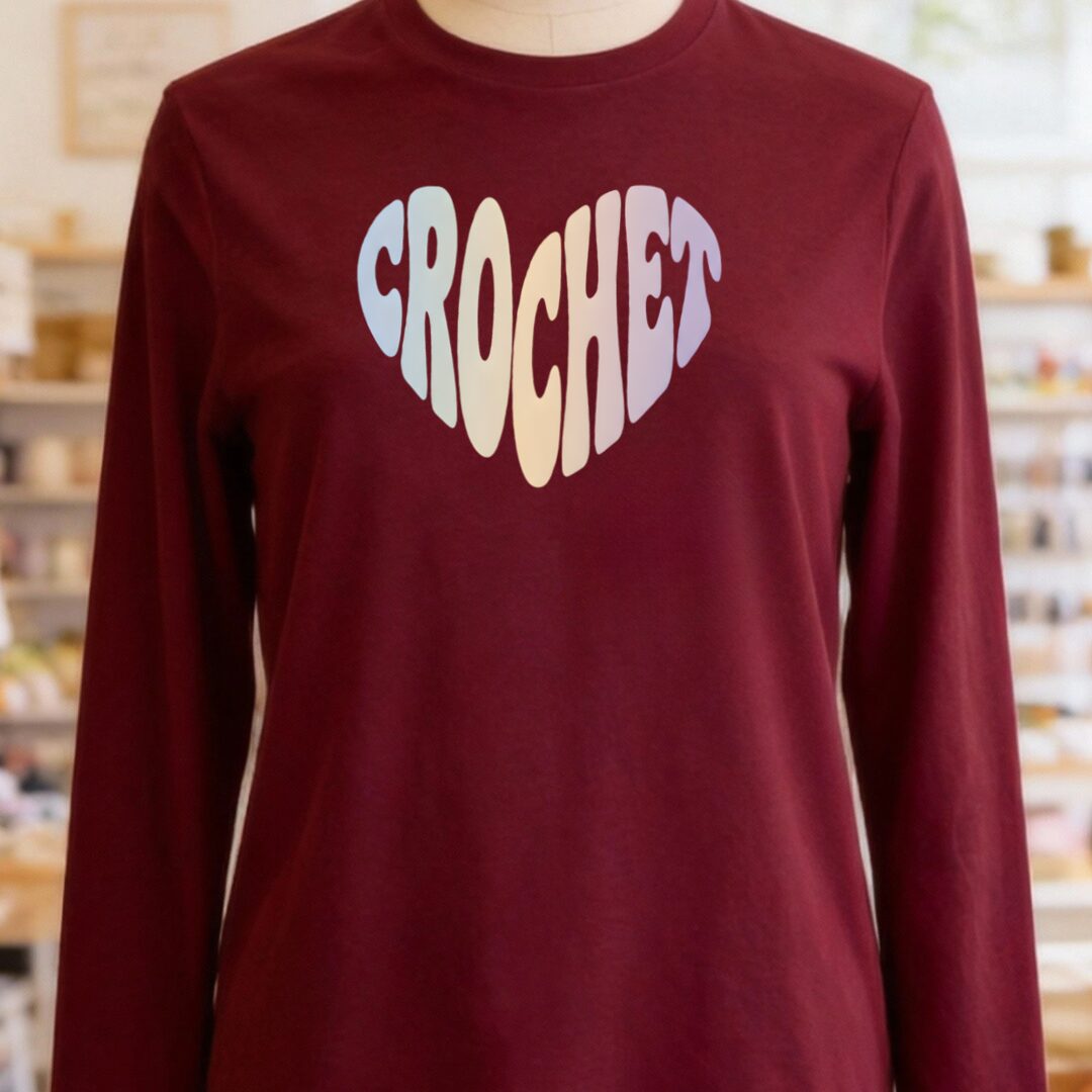 Pastel Crochet Heart Long Sleeve Tee Maroon t-shirt