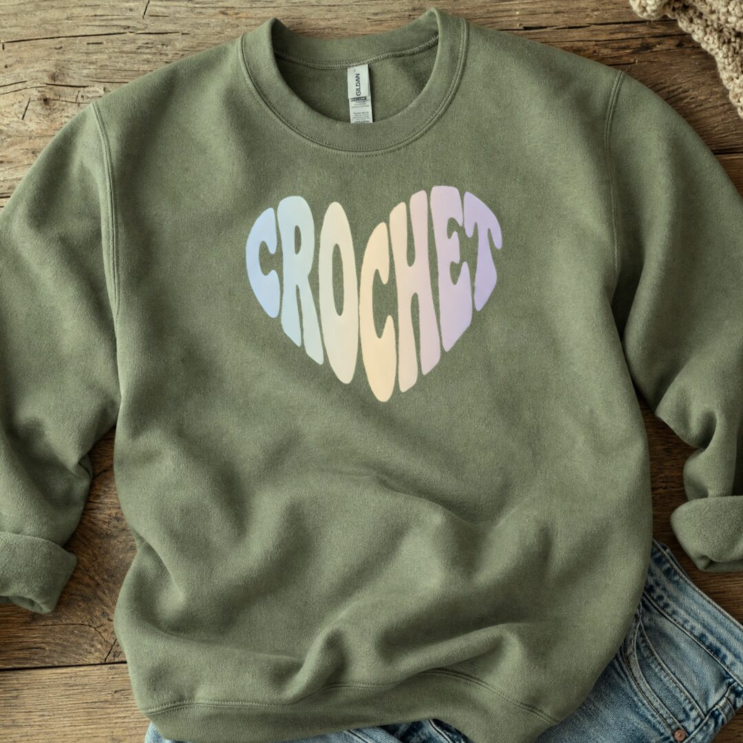 Pastel Crochet Heart Sweatshirt Military Green t-shirt