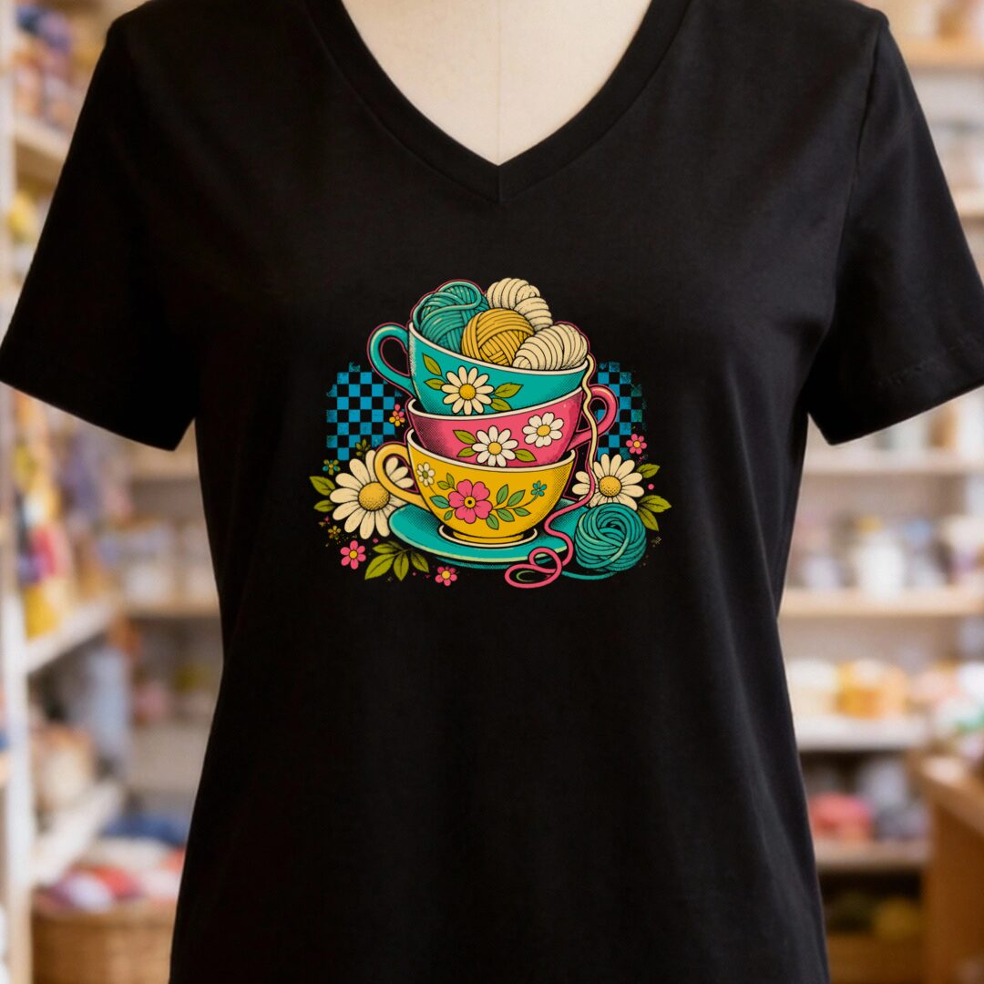 Retro Teacup V-Neck T-Shirt Black t-shirt