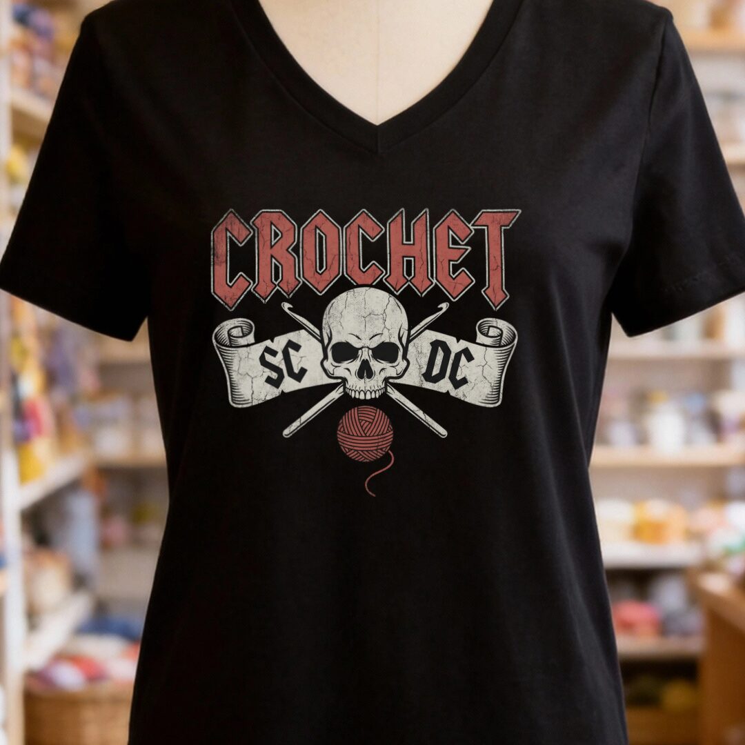 SC / DC Crochet Rock V-Neck T-Shirt Black t-shirt