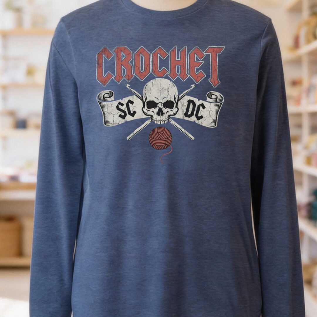 SC / DC Crochet Rock Long Sleeve Tee Heather Navy t-shirt