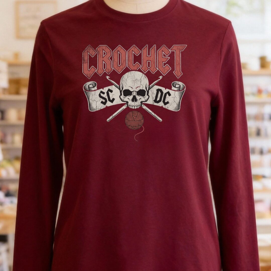 SC / DC Crochet Rock Long Sleeve Tee Maroon t-shirt