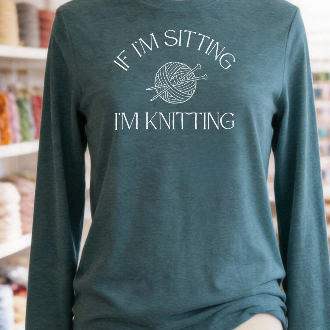 Sitting Knitting Long Sleeve Tee Teal Blue t-shirt