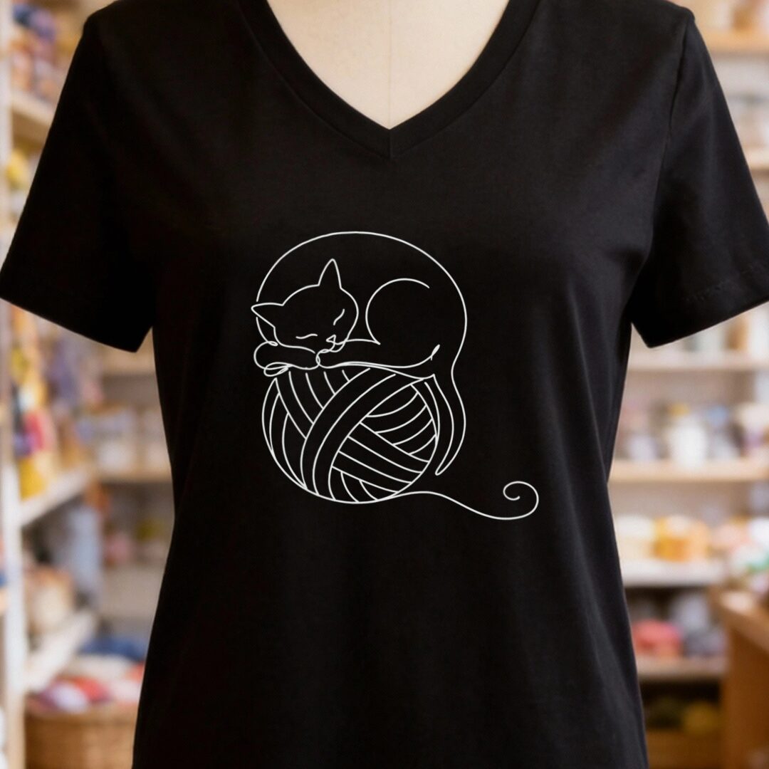 Sleepy Cat V-Neck T-Shirt Black t-shirt