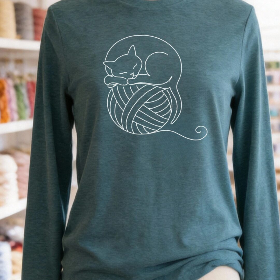 Sleepy Cat Long Sleeve Tee Teal Blue t-shirt