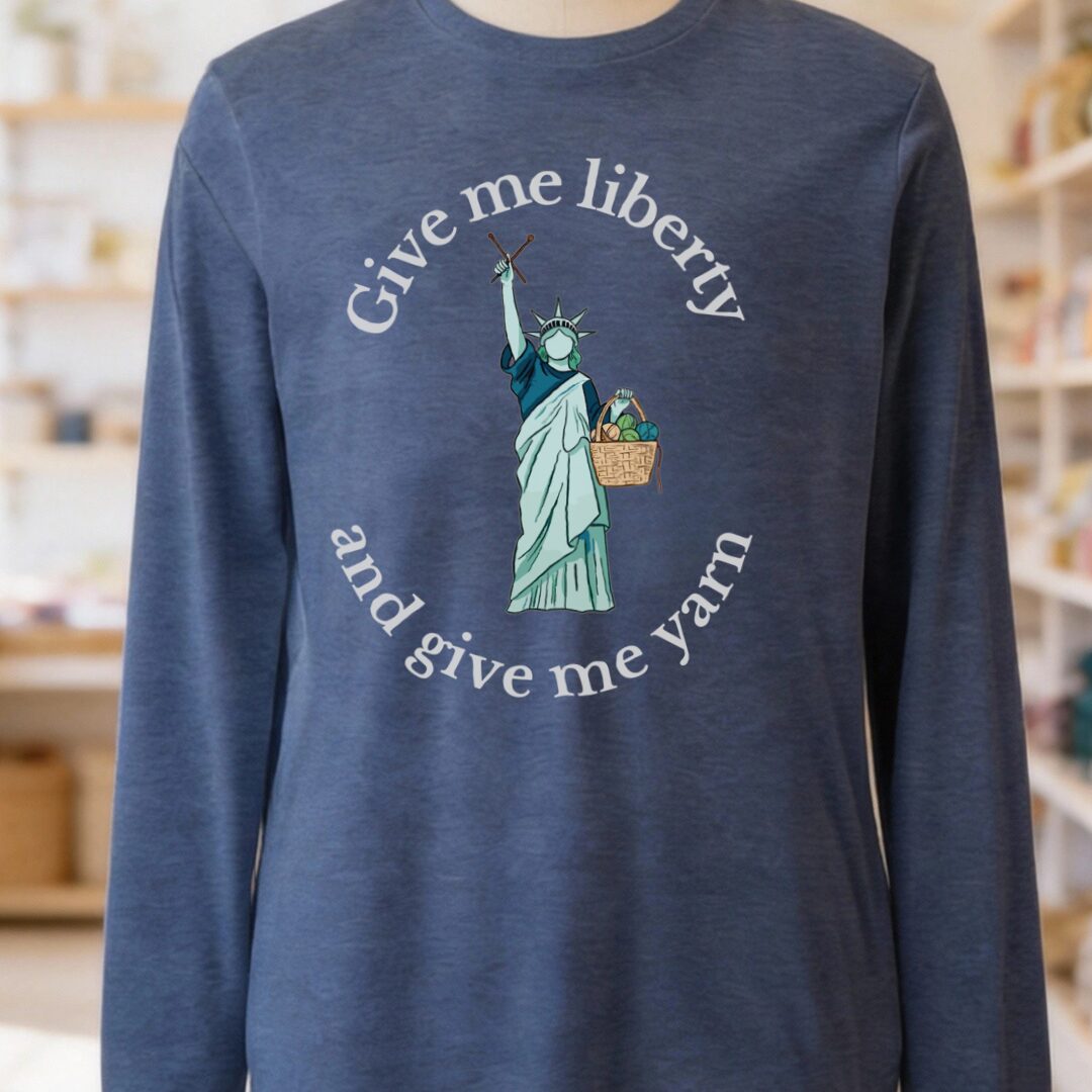 Statue of Liberty Long Sleeve Tee (with text) Heather Navy t-shirt