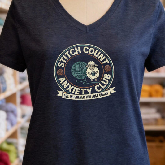 Stitch Count Anxiety Club V-Neck T-Shirt Navy t-shirt