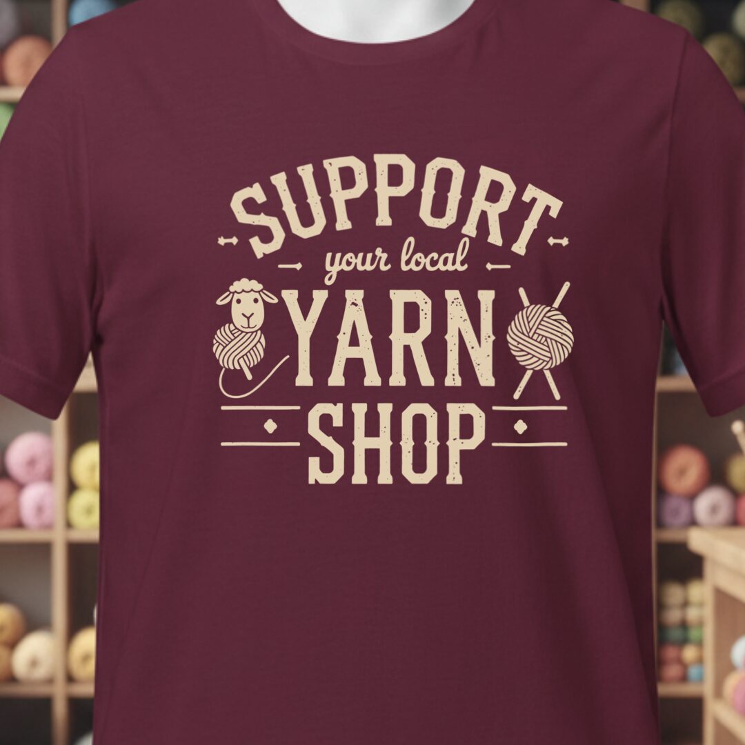 Support Your Local Yarn Shop T-Shirt (Gold) Maroon t-shirt