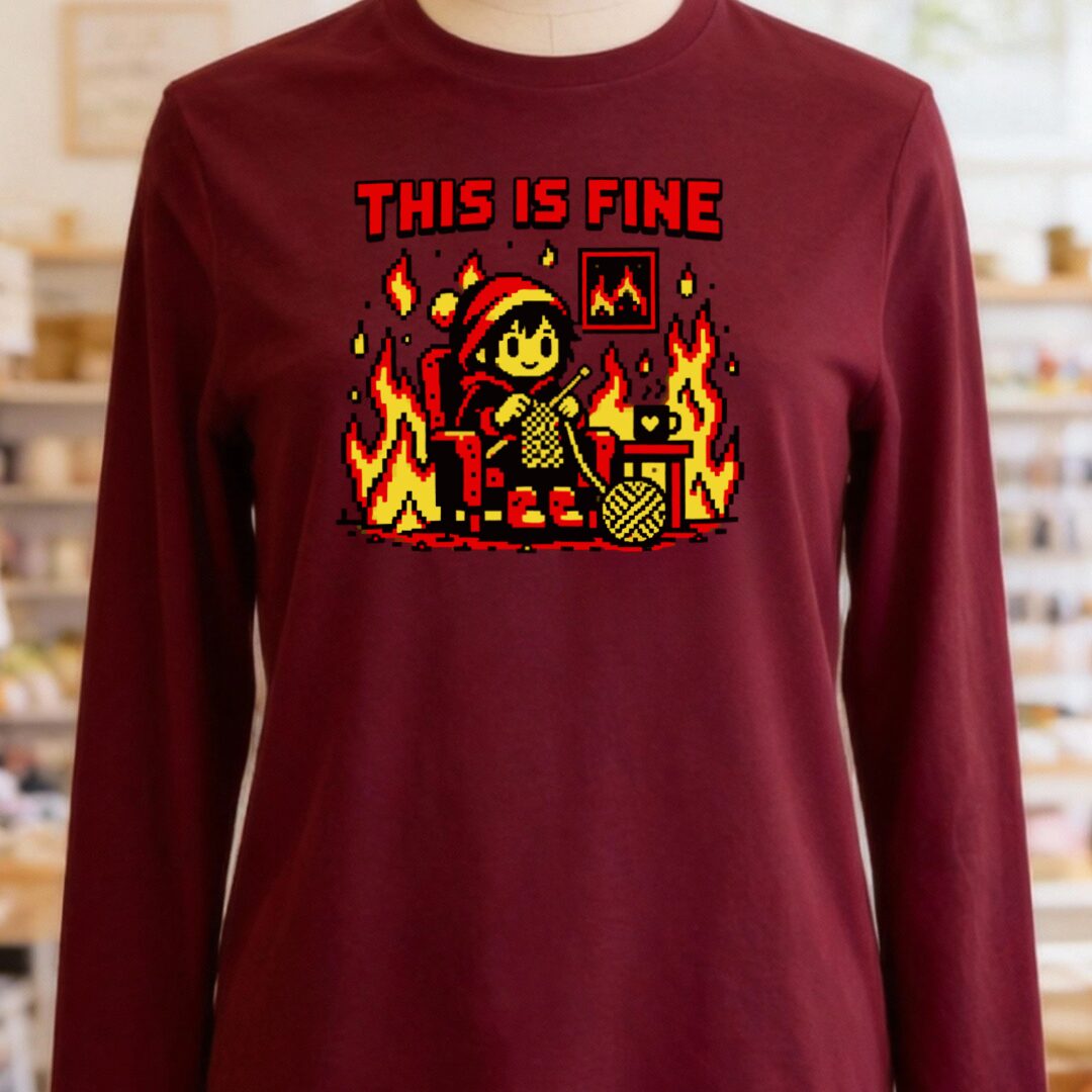This Is Fine Long Sleeve Tee Maroon t-shirt